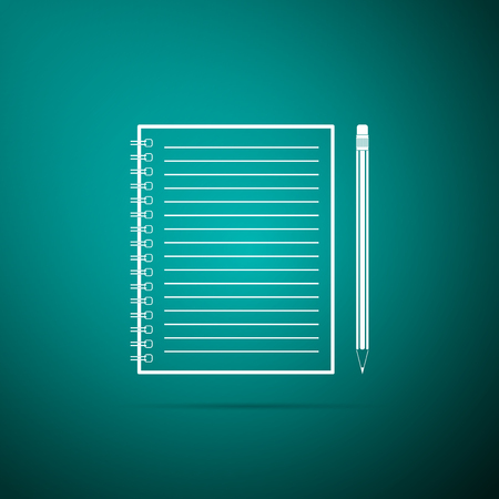 Blank notebook and pencil with eraser icon isolated on green background. Flat design. Vector Illustrationのイラスト素材