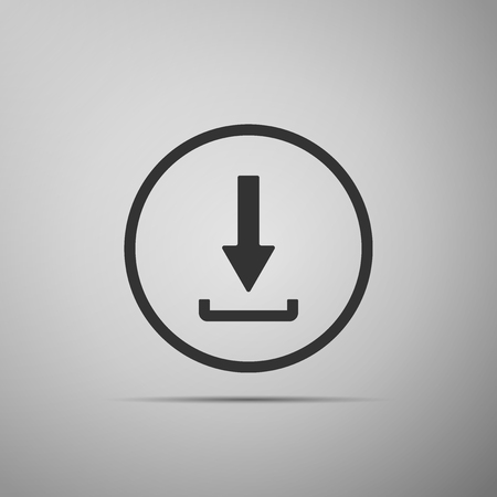 Download icon isolated on grey background. Upload button. Load symbol. Arrow point to down. Flat design. Vector Illustrationのイラスト素材