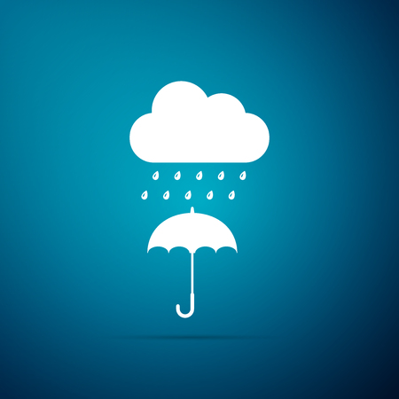 Cloud with rain drop on umbrella icon isolated on blue background. Flat design. Vector Illustrationのイラスト素材