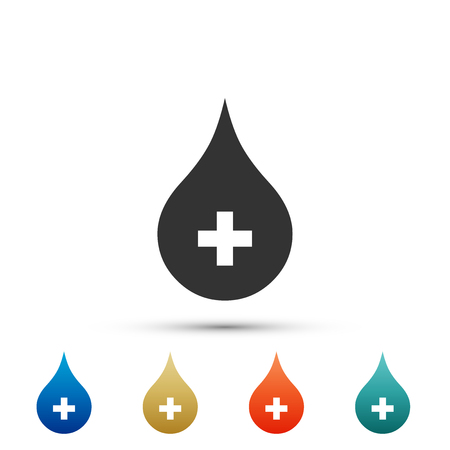 Blood drop icon isolated on grey background. Donate drop blood with cross sign. Donor concept. Set elements in colored icons. Flat design. Vector Illustrationのイラスト素材