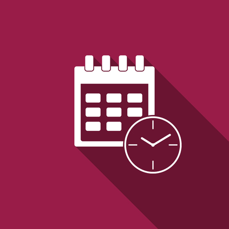 Calendar and clock icon isolated with long shadow.Schedule, appointment, organizer, timesheet, time management, important date. Date and time sign. Flat design. Vector Illustrationのイラスト素材