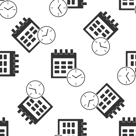 Calendar and clock icon seamless pattern on white background.Schedule, appointment, organizer, timesheet, time management, important date. Date and time sign. Flat design. Vector Illustrationのイラスト素材
