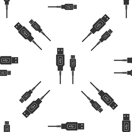 USB Micro cables icon seamless pattern on white background. Connectors and sockets for PC mobile devices. Computer peripherals connector or smartphone recharge supply. Flat design. Vector Illustrationのイラスト素材
