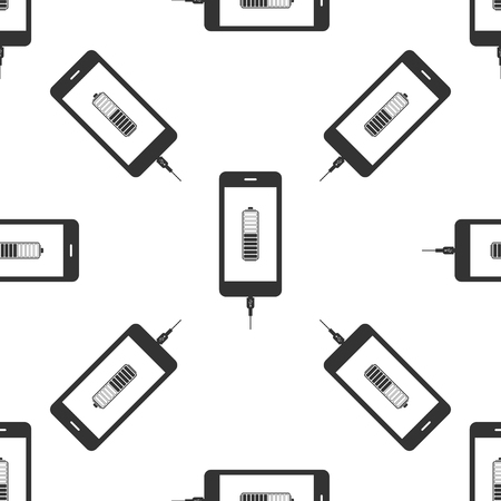 Smartphone battery charge icon seamless pattern on white background. Phone with a low battery charge and with USB connection. Flat design. Vector Illustrationのイラスト素材