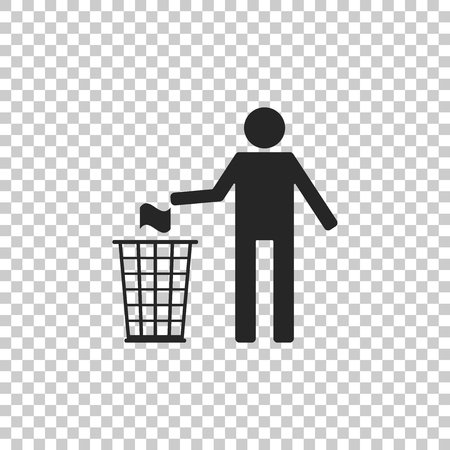 Man throwing trash into dust bin icon isolated on transparent background. Recycle symbol. Flat design. Vector Illustrationのイラスト素材