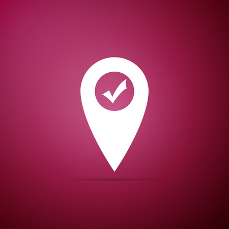 Map pointer with check mark icon isolated on purple background. Marker location sign. Tick symbol. For location maps. Sign for navigation. Flat design. Vector Illustrationのイラスト素材