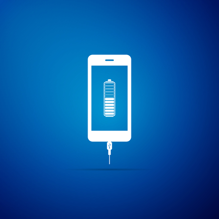 Smartphone battery charge icon isolated on blue background. Phone with a low battery charge and with USB connection. Flat design. Vector Illustrationのイラスト素材