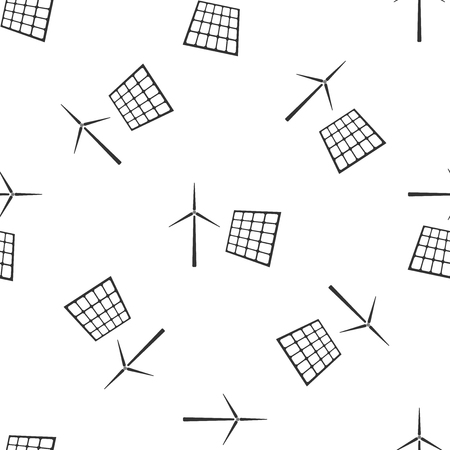 Wind mill turbines generating electricity and solar panel icon seamless pattern on white background. Energy alternative, concept of renewable energy. Flat design. Vector Illustrationのイラスト素材