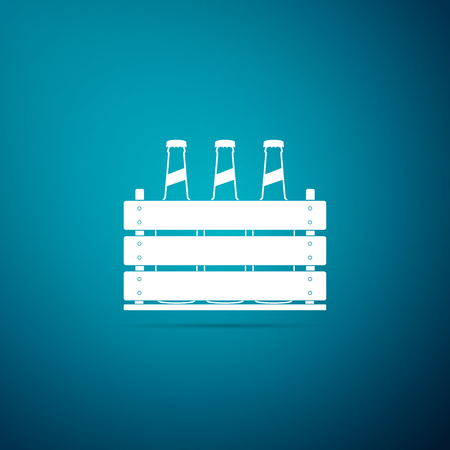 Pack of beer bottles icon isolated on blue background. Wooden box and beer bottles. Case crate beer box sign. Flat design. Vector Illustrationのイラスト素材