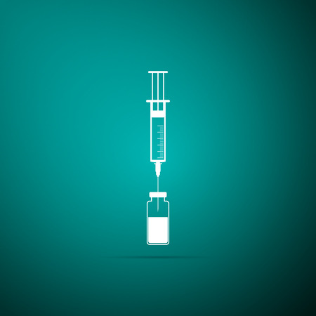 Medical syringe with needle and vial icon isolated on green background. Concept of vaccination, injection. Flat design. Vector Illustrationのイラスト素材
