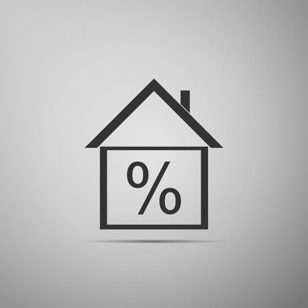 House with discount tag icon isolated on grey background. House percentage sign price. Real estate home. Credit percentage symbol. Money loan symbol.Flat design. Vector Illustrationのイラスト素材