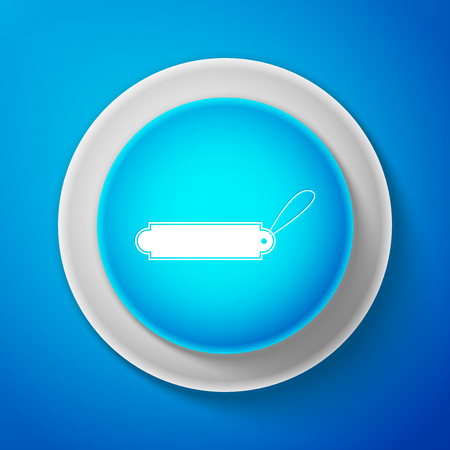 Blank label template price tag icon isolated on blue background. Empty shopping discounts sticker. Template discount banner. Circle blue button. Vector illustrationのイラスト素材