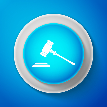 Judge gavel icon isolated on blue background. Gavel for adjudication of sentences and bills, court, justice, with a stand. Auction hammer symbol. Circle blue button. Vector illustrationのイラスト素材