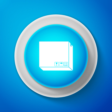 Carton cardboard box with traffic symbols icon isolated on blue background. Box, package, parcel sign. Delivery and packaging. Transportation and shipping. Circle blue button. Vector illustrationのイラスト素材