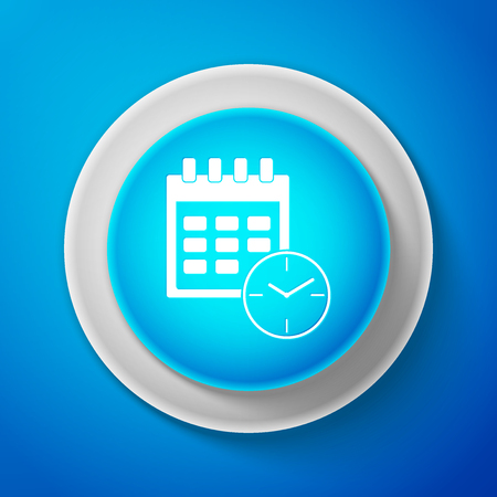 Calendar and clock icon isolated on blue background. Schedule, appointment, organizer, timesheet, time management, important date. Date and time sign. Circle blue button. Vector illustrationのイラスト素材