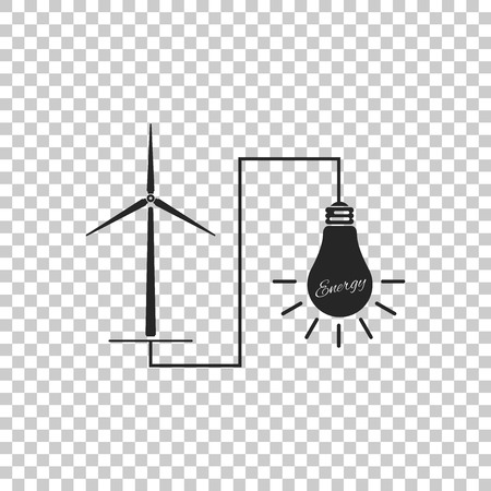 Wind mill turbine generating power energy and glowing light bulb icon isolated on transparent background. Natural renewable energy production using wind mills. Flat design. Vector Illustrationのイラスト素材