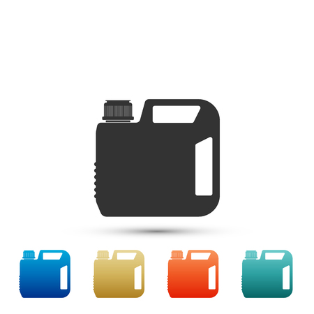 Plastic canister for motor machine oil icon isolated on white background. Oil gallon. Oil change service and repair. Engine oil sign. Set elements in color icons. Vector Illustrationのイラスト素材