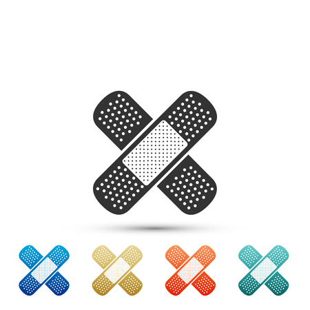 Bandage plaster icon isolated on white background. Medical plaster, adhesive bandage, flexible fabric bandage. Set elements in color icons. Vector Illustrationのイラスト素材