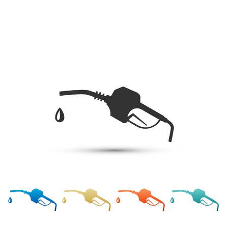 Gasoline pump nozzle icon isolated on white background. Fuel pump petrol station. Refuel service sign. Gas station icon. Set elements in color icons. Vector Illustrationのイラスト素材