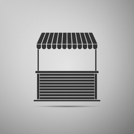 Street stall with awning and wooden rack icon isolated on grey background. Kiosk with wooden rack. Flat design. Vector Illustrationのイラスト素材