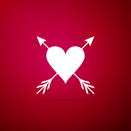 Heart with arrow icon isolated on red background. Happy Valentine's day. Cupid dart pierced to the heart. Love symbol. Amour symbol. Flat design. Vector Illustrationのイラスト素材