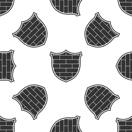 Shield with cyber security brick wall icon isolated seamless pattern on white background. Data protection symbol. Firewall logo. Network protection. Flat design. Vector Illustrationのイラスト素材