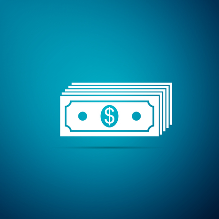 Paper money american dollars cash icon isolated on blue background. Money banknotes stack with dollar icon. Bill currency. Flat design. Vector Illustrationのイラスト素材