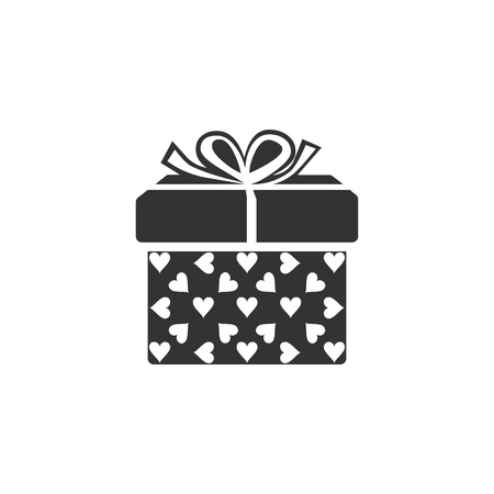 Gift box and heart icon isolated. Packaging Valentine s Day. Beautiful festive box tied with ribbon and bow on top. Flat design. Vector Illustrationのイラスト素材