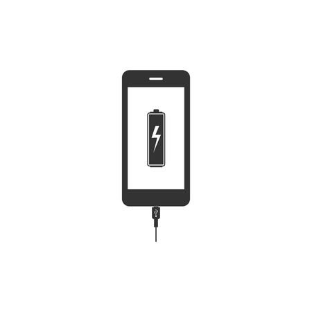 Smartphone battery charge icon isolated. Phone with a low battery charge and with USB connection....
