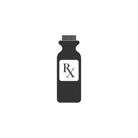 Pill bottle with Rx sign and pills icon isolated. Pharmacy design. Rx as a prescription symbol on drug medicine bottle. Flat design. Vector Illustrationのイラスト素材