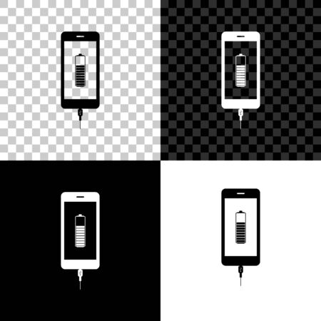 Smartphone battery charge icon isolated on black, white and transparent background. Phone with a low battery charge and with USB connection. Vector Illustrationのイラスト素材