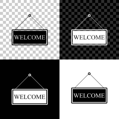Hanging sign with text Welcome icon isolated on black, white and transparent background. Business theme for cafe or restaurant. Vector Illustrationのイラスト素材