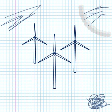 Wind turbine line sketch icon isolated on white background. Wind generator sign. Windmill silhouette. Windmills for electric power production. Vector Illustrationのイラスト素材