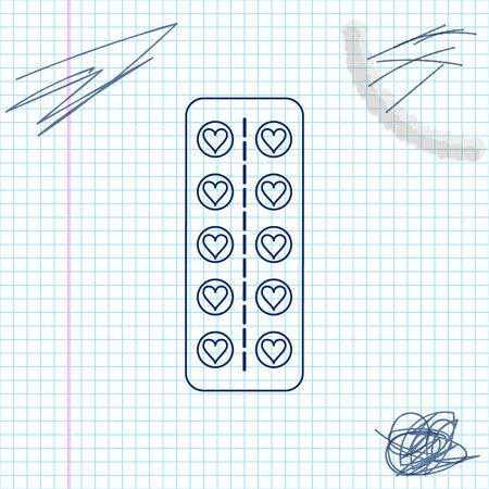 Pills love in the shape of a heart in blister pack line sketch icon isolated on whiteのイラスト素材