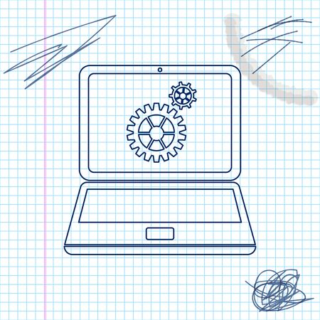 Laptop and gears line sketch iconのイラスト素材