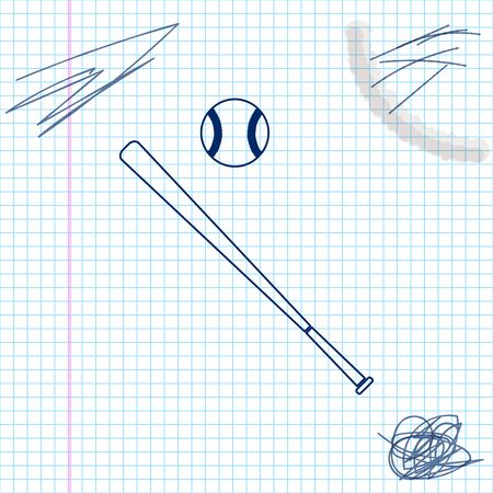 Baseball ball and bat line sketch icon isolated on white background. Vector Illustrationのイラスト素材