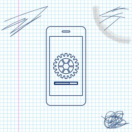 Smartphone update process with gearbox progress and loading bar line sketch icon on white background. System software update and upgrade concept. Loading process in mobile screen. Vector Illustrationのイラスト素材