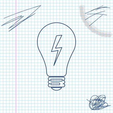 Light lamp sign. Bulb with lightning symbol line sketch icon isolated on white background. Idea symbol. Vector Illustrationのイラスト素材