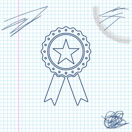 Award medal with star and ribbon line sketch icon isolated on white background. Winner achievement sign. Champion medal emblem. Success symbol. Vector Illustrationのイラスト素材