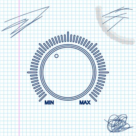Dial knob level technology settings line sketch icon isolated on white background. Volume button, sound control, music knob with number scale, analog regulator. Vector Illustrationのイラスト素材