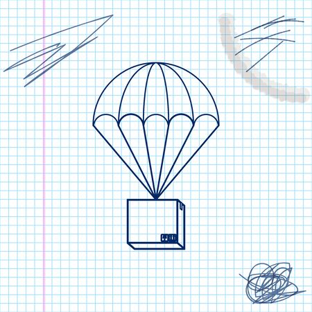 Box flying on parachute line sketch icon isolated on white background. Parcel with parachute for shipping. Delivery service, air shipping concept, bonus concept. Vector Illustrationのイラスト素材