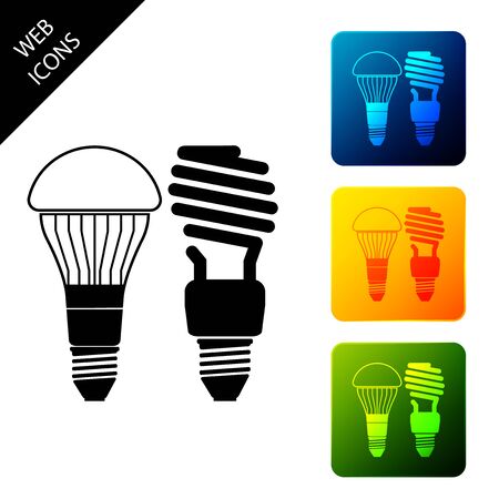 Economical LED illuminated lightbulb and fluorescent light bulb icon isolated on white background. Save energy lamp. Set icons colorful square buttons. Vector Illustrationのイラスト素材