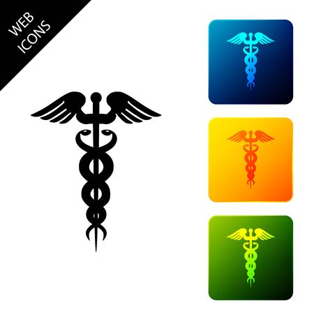 Caduceus medical symbol icon on white background. Medicine and health care concept. Emblem for drugstore or medicine, pharmacy snake symbol. Set icons colorful square buttons. Vector Illustrationのイラスト素材