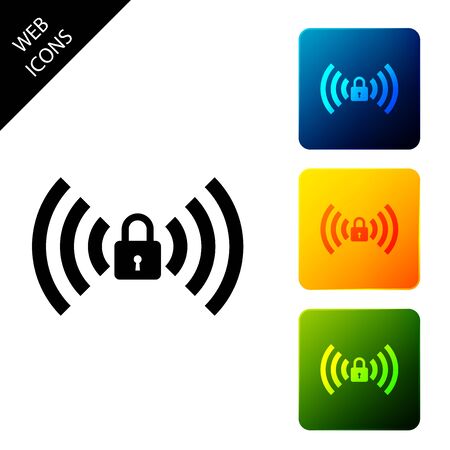 Wifi locked sign icon isolated on white background. Password Wi-fi symbol. Wireless Network icon. Wifi zone. Set icons colorful square buttons. Vector Illustrationのイラスト素材