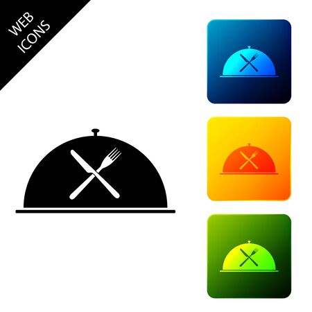 Cloche with crossed fork and knife icon isolated on white background. Restaurant symbol. Set icons colorful square buttons. Vector Illustrationのイラスト素材