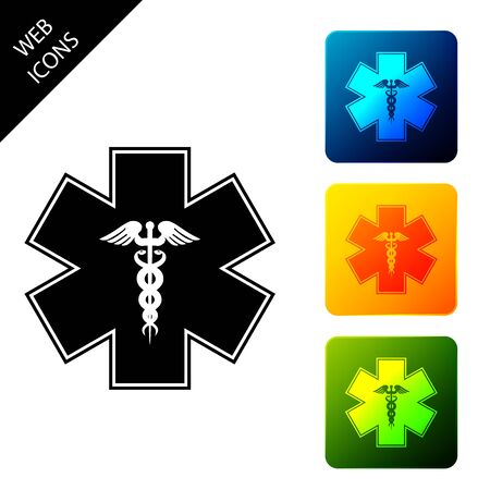 Emergency star - medical symbol Caduceus snake with stick icon isolated on white background. Star of Life. Set icons colorful square buttons. Vector Illustrationのイラスト素材