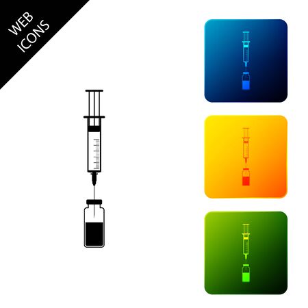 Medical syringe with needle and vial or ampoule icon isolated. Vaccination, injection, vaccine, insulin concept. Set icons colorful square buttons. Vector Illustrationのイラスト素材
