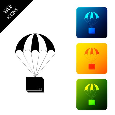 Box flying on parachute icon isolated. Parcel with parachute for shipping. Delivery service, air shipping concept, bonus concept. Set icons colorful square buttons. Vector Illustrationのイラスト素材