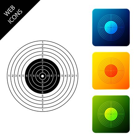 Target sport for shooting competition icon isolated. Clean target with numbers for shooting range or pistol shooting. Set icons colorful square buttons. Vector Illustrationのイラスト素材