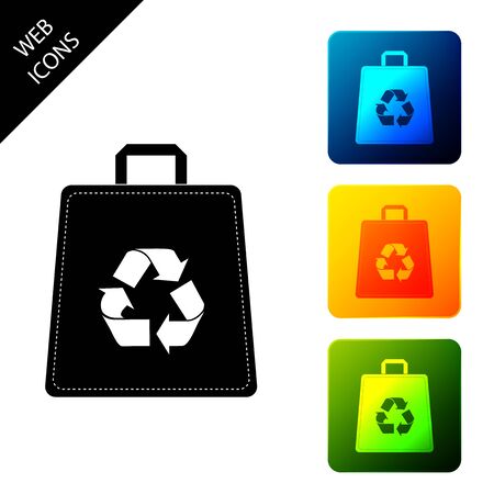 Paper shopping bag with recycle icon isolated. Bag with recycling symbol. Set icons colorful square buttons. Vector Illustrationのイラスト素材